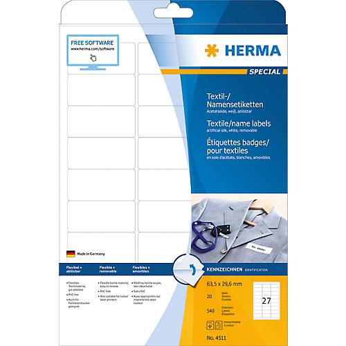 Namens- und Textiletiketten Herma, A4, 63,5 x 29,6 mm, weiß, ohne Streifen, 540 Stück