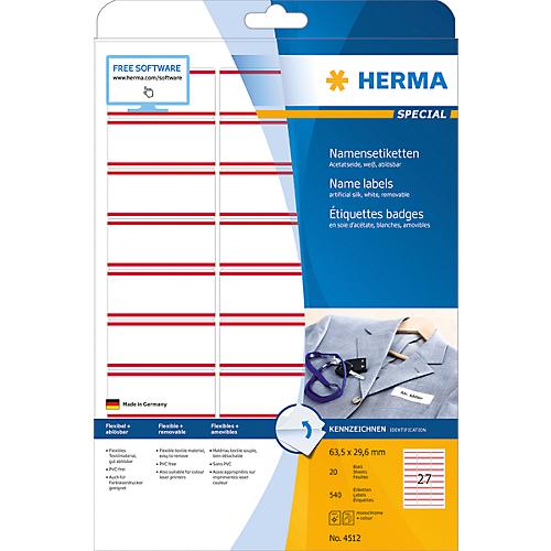 Namens- und Textiletiketten Herma, A4, 63,5 x 29,6 mm, weiß, rote Streifen, 540 Stück