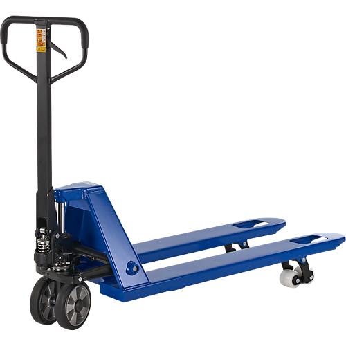 Palettenhubwagen, manuell, Gummi-Lenkrollen, Nylon-Tandemrollen, 1150 mm Gabellänge, bis 2500 kg, blau