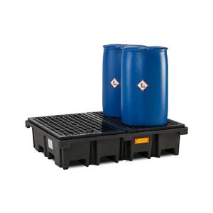 PE-Palettenauffangwanne CEMO 425/4 für 2 Europaletten quer, L 1670 x B 1270 x H 390 mm, 425 l, für 4 x 200 l Fässer, PE-Gitterrost PE-Palettenauffangwanne CEMO 425/4 für 2 Europaletten quer, L 1670 x B 1270 x H 390 mm, 425 l, für 4 x 200 l Fässer, PE-Gitterrost