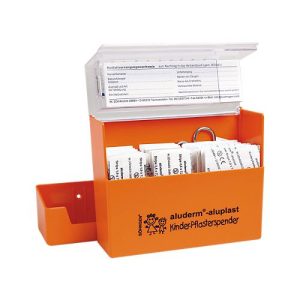 Pflasterspender Soehngen aluderm®-Aluplast, 115 Wundpflaster mit Dinosaurier-Motiven, Schere, inkl. Wandhalterung, Kunststoff, orange Pflasterspender Soehngen aluderm®-Aluplast, 115 Wundpflaster mit Dinosaurier-Motiven, Schere, inkl. Wandhalterung, Kunststoff, orange