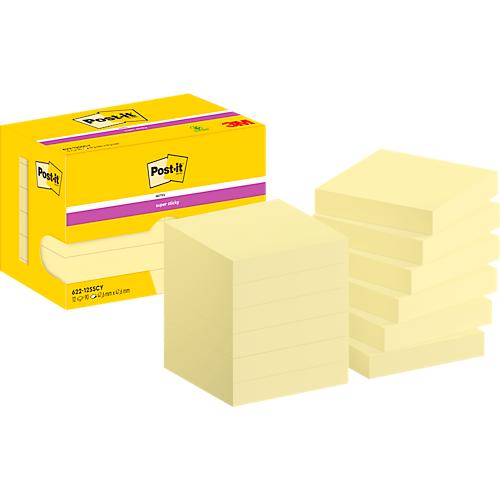 POST-IT Haftnotizen Super Sticky Notes 622-12SSCY, 51 x 51 mm, wiederablösbar, cellophanfrei verpackt, kanariengelb, 12 x 90 Blatt