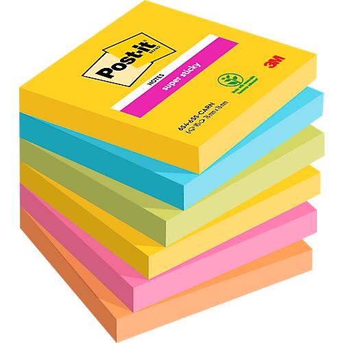 POST-IT Haftnotizen Super Sticky Notes Carnival 654-6SS-CARN, 76 x 76 mm, wiederablösbar, cellophanfrei verpackt, farbig, 6 x 90 Blatt