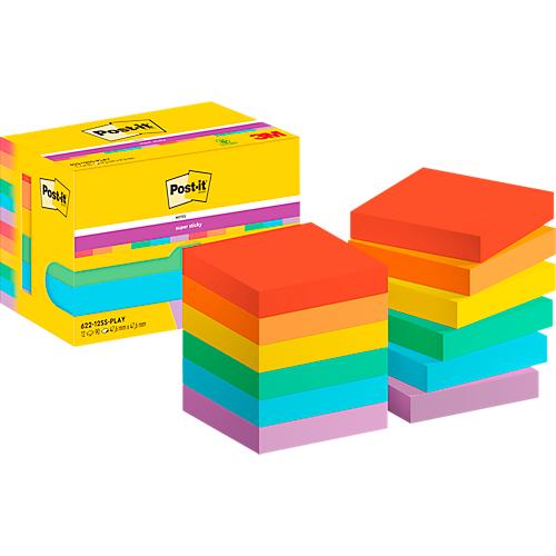 POST-IT Haftnotizen Super Sticky Notes Playful 622-12SS-PLAY, 51 x 51 mm, wiederablösbar, cellophanfrei verpackt, farbig, 12 x 90 Blatt