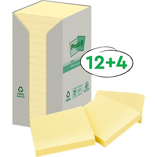 Post-it® Recycling Notes 654-1T, B 76 x H 76 mm, 100 % Recycling-Papier, gelb, 16 Blöcke á 100 Blatt