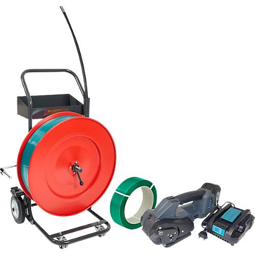 Profi-Umreifungsset, mit Abrollwagen Premium X, Akku-Umreifungsgerät BW-04 & PET Polyesterband, L 1200 m x B 15,5 mm, Stärke 0,9 mm, geprägt, grün