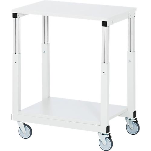 Rau Tischwagen Serie E, 2 Etagen, Melaminplatten, Stahlrohr-Gestell, 4 TPE-Lenkrollen, B 700 x T 500 x H 650-1000 mm, bis 450 kg, lichtgrau