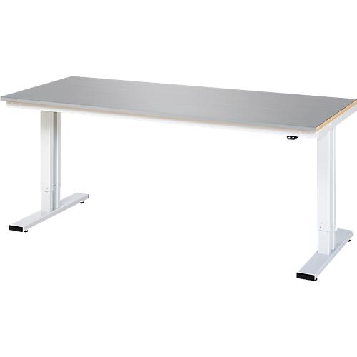 Rau Werktisch Adlatus, elektrisch höhenverstellbar, 25 mm MDF-Platte mit Edelstahlbelag, bis 300 kg, B 2000 x T 800 x H 720-1120 mm, silber/lichtgrau