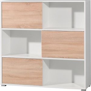 Regal Home Office, 3 Ordnerhöhen, mit Schiebetüren, B 1200 x T 350 x H 1190 mm, Spanplatte, Korpus weiß, Front Sonoma Eiche Regal Home Office, 3 Ordnerhöhen, mit Schiebetüren, B 1200 x T 350 x H 1190 mm, Spanplatte, Korpus weiß, Front Sonoma Eiche