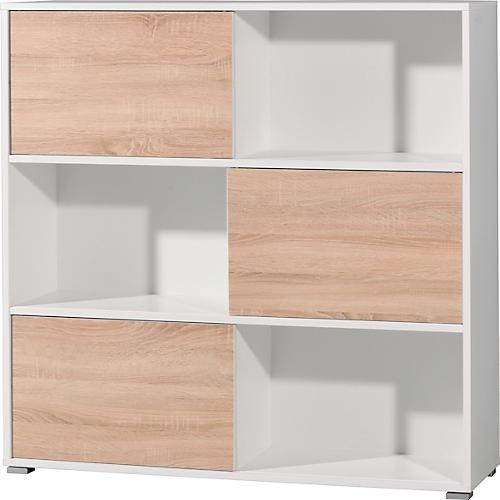 Regal Home Office, 3 Ordnerhöhen, mit Schiebetüren, B 1200 x T 350 x H 1190 mm, Spanplatte, Korpus weiß, Front Sonoma Eiche