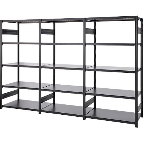 Regalkombination ORDO Business, 1 Grundregal + 2 Anbauregale, 15 Böden, modular, Fachlast 140 kg, Feldlast 1200 kg, B 2330 x T 835 x H 2000 mm, tiefschwarz