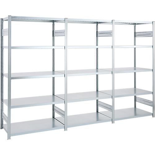 Regalkombination ORDO Industry, 1 Grundregal + 2 Anbauregale, 15 Fachböden, modular, Fachlast 185 kg, Feldlast 1000 kg, B 3980 x T 835 x H 2500 mm, verzinkt