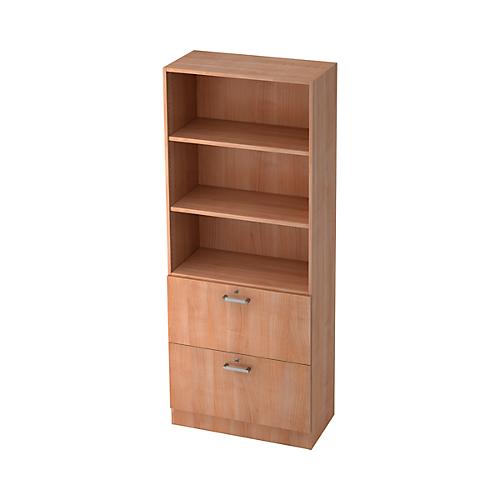 Regalschrank TARVIS, 5 OH, 2 HR-Auszüge, 60 kg Tragkraft, abschließbar, 2 Fachböden, B 800 x T 420 x H 2004 mm, Nussb.-Dekor