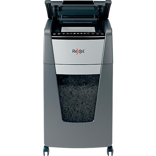 Rexel Aktenvernichter Optimum AutoFeed+ 300X, Vollautomatik, Partikelschnitt 4 x 25 mm, P-4, 60 l, 10-300 Blatt Schnittleistung, mit Lenkrollen, schwarz