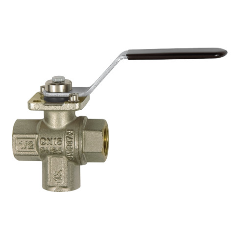Riegler 3-Wege-Kugelhahn, MS vern., Anschluss unten, T-Bohrung, Rp 1/2