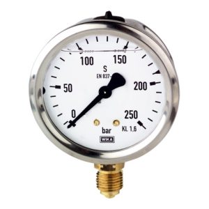 Riegler Glyzerinmanometer, CrNi-Stahl, G 1/4 unten, 0 – 100,0 bar, Ø 63 Riegler Glyzerinmanometer, CrNi-Stahl, G 1/4 unten, 0 – 100,0 bar, Ø 63
