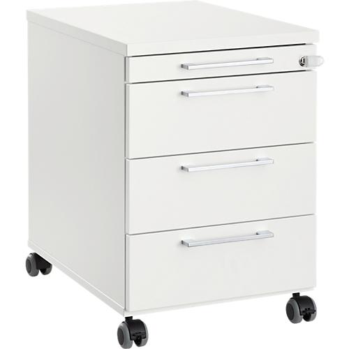 Rollcontainer 1333, 3 Schübe & 1 Utensilienauszug, abschließbar, eckige Griffe, Holz/Stahl/Kunststoff, B 434 x T 800 x H 613 mm, weiß