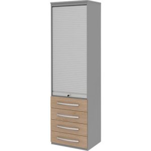 Rollladenschrank BARI, 6 Ordnerhöhen, 4 Schübe, 3 Böden, abschließbar, B 600 x T 430 x H 2174 mm, Eiche-Dekor/mittelgrau Rollladenschrank BARI, 6 Ordnerhöhen, 4 Schübe, 3 Böden, abschließbar, B 600 x T 430 x H 2174 mm, Eiche-Dekor/mittelgrau