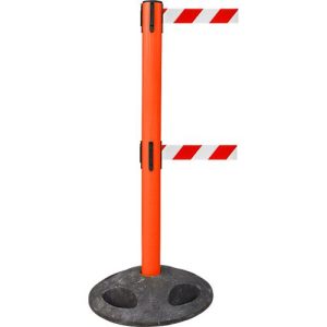 RS-GUIDESYSTEMS® Absperrpfosten GLA 250, Doppelgurt, Gurtauszug 4 m, Bodenteller Ø 410 mm, rot/rot-weiß RS-GUIDESYSTEMS® Absperrpfosten GLA 250, Doppelgurt, Gurtauszug 4 m, Bodenteller Ø 410 mm, rot/rot-weiß