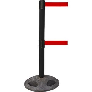 RS-GUIDESYSTEMS® Absperrpfosten GLA 250, Doppelgurt, Gurtauszug 4 m, Bodenteller Ø 410 mm, schwarz/ rot RS-GUIDESYSTEMS® Absperrpfosten GLA 250, Doppelgurt, Gurtauszug 4 m, Bodenteller Ø 410 mm, schwarz/ rot