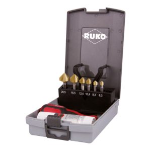 RUKO Kegel- und Entgratsenker-Bit-Satz 90° HSS-TiN “Lang“ in ABS-Kunststoffkassette RUKO Kegel- und Entgratsenker-Bit-Satz 90° HSS-TiN “Lang“ in ABS-Kunststoffkassette