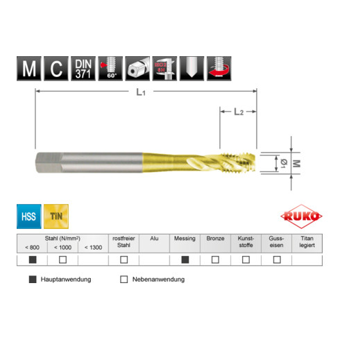 RUKO Maschinengewindebohrer M DIN 371 HSS-TiN M 10, Form C / 35° RSP