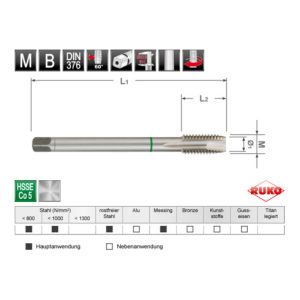 RUKO Maschinengewindebohrer M DIN 376 HSSE-Co 5 M 12 RUKO Maschinengewindebohrer M DIN 376 HSSE-Co 5 M 12