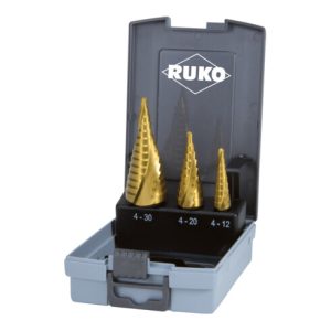 RUKO Mehrstufenbohrersatz D.4-12/4-20/4-30mm HSS-TiN Spiralnut 3tlg.Ku.-Kassette RUKO Mehrstufenbohrersatz D.4-12/4-20/4-30mm HSS-TiN Spiralnut 3tlg.Ku.-Kassette