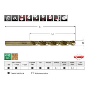 RUKO Spiralbohrer DIN 338 Typ VA HSSE Co 5 in SB-Tasche Ø 9,0 x 125 x 81 mm RUKO Spiralbohrer DIN 338 Typ VA HSSE Co 5 in SB-Tasche Ø 9,0 x 125 x 81 mm