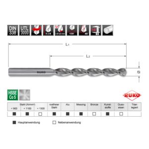 RUKO Spiralbohrer DIN 338 UTL 3000 HSSE Co 5 Ø 3,0 x 61 x 33 mm RUKO Spiralbohrer DIN 338 UTL 3000 HSSE Co 5 Ø 3,0 x 61 x 33 mm
