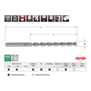 RUKO Spiralbohrer DIN 340 TL 3000 HSSE Co 5 D 10,5 mm L 184 mm RUKO Spiralbohrer DIN 340 TL 3000 HSSE Co 5 D 10,5 mm L 184 mm