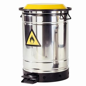 Sammelbehälter, Edelstahl 1.4301 poliert, 50 l, Ø 390 x H 600 mm, Klappdeckel mit Fußpedal, Lüftungsöffnungen im Bodenrand Sammelbehälter, Edelstahl 1.4301 poliert, 50 l, Ø 390 x H 600 mm, Klappdeckel mit Fußpedal, Lüftungsöffnungen im Bodenrand