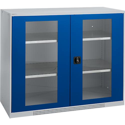 Schäfer Shop Genius Flügeltürenschrank FS, Stahl, Sichtfenster, Lüftungslöcher, B 1343 x T 520 x H 1105 mm, 3 OH, Weißalu/Enzianblau, bis 450 kg