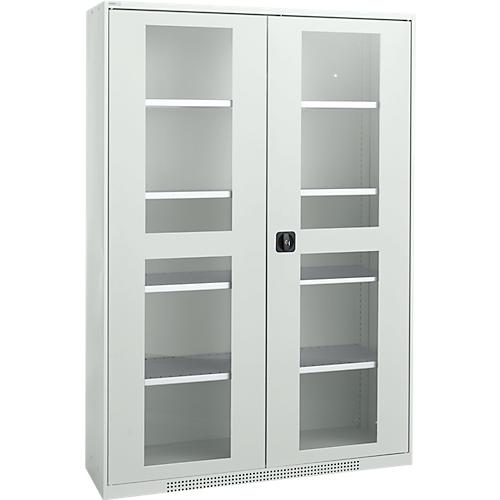 Schäfer Shop Genius Flügeltürenschrank FS, Stahl, Sichtfenster, Lüftungslöcher, B 1343 x T 520 x H 1950 mm, 5 OH, Lichtgrau/Lichtgrau, bis 750 kg