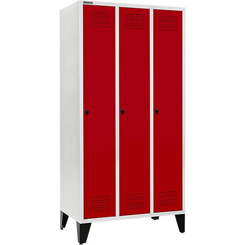 Schäfer Shop Genius Kleiderspind mit Füßen, 3 Abteile, 300 mm Abteilbreite, Sicherheitsdrehriegelverschluss, lichtgrau/rubinrot