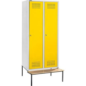 Schäfer Shop Genius Kleiderspind mit Sitzbank, 2 Abteile, 300 mm Abteilbreite, Zylinderschloss, lichtgrau/gelb Schäfer Shop Genius Kleiderspind mit Sitzbank, 2 Abteile, 300 mm Abteilbreite, Zylinderschloss, lichtgrau/gelb