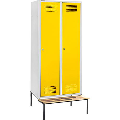 Schäfer Shop Genius Kleiderspind mit Sitzbank, 2 Abteile, 300 mm Abteilbreite, Zylinderschloss, lichtgrau/gelb