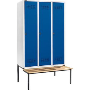 Schäfer Shop Genius Kleiderspind mit Sitzbank, 3 Abteile, 400 mm Abteilbreite, Sicherheitsdrehriegelverschluss, lichtgrau/enzianblau Schäfer Shop Genius Kleiderspind mit Sitzbank, 3 Abteile, 400 mm Abteilbreite, Sicherheitsdrehriegelverschluss, lichtgrau/enzianblau