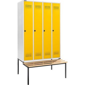 Schäfer Shop Genius Kleiderspind mit Sitzbank, 4 Abteile, 300 mm Abteilbreite, Sicherheitsdrehriegelverschluss, lichtgrau/gelb Schäfer Shop Genius Kleiderspind mit Sitzbank, 4 Abteile, 300 mm Abteilbreite, Sicherheitsdrehriegelverschluss, lichtgrau/gelb