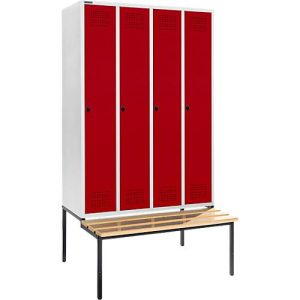Schäfer Shop Genius Kleiderspind mit Sitzbank, 4 Abteile, 300 mm Abteilbreite, Sicherheitsdrehriegelverschluss, lichtgrau/rot Schäfer Shop Genius Kleiderspind mit Sitzbank, 4 Abteile, 300 mm Abteilbreite, Sicherheitsdrehriegelverschluss, lichtgrau/rot