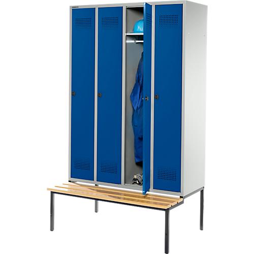 Schäfer Shop Genius Kleiderspind mit Sitzbank, 4 Abteile, Sicherheitsdrehriegelverschluss, lichtgrau/enzianblau