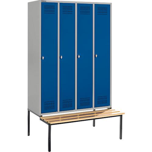 Schäfer Shop Genius Kleiderspind mit Sitzbank, 4 Abteile, Sicherheitsdrehriegelverschluss, weißaluminium/enzianblau