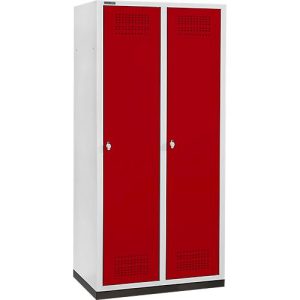 Schäfer Shop Genius Kleiderspind mit Sockel, 2 Abteile, 400 mm Abteilbreite, Sicherheitsdrehriegelverschluss, lichtgrau/rubinrot Schäfer Shop Genius Kleiderspind mit Sockel, 2 Abteile, 400 mm Abteilbreite, Sicherheitsdrehriegelverschluss, lichtgrau/rubinrot
