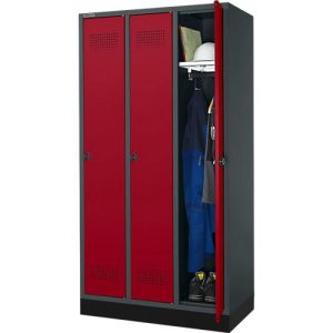 Schäfer Shop Genius Kleiderspind mit Sockel, 3 Abteile, 300 mm Abteilbreite, Sicherheitsdrehriegelverschluss, anthrazit/rubinrot Schäfer Shop Genius Kleiderspind mit Sockel, 3 Abteile, 300 mm Abteilbreite, Sicherheitsdrehriegelverschluss, anthrazit/rubinrot