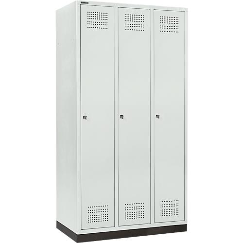 Schäfer Shop Genius Kleiderspind mit Sockel, 3 Abteile, 300 mm Abteilbreite, Zylinderschloss, lichtgrau