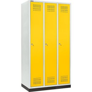 Schäfer Shop Genius Kleiderspind mit Sockel, 3 Abteile, 300 mm Abteilbreite, Zylinderschloss, rapsgelb Schäfer Shop Genius Kleiderspind mit Sockel, 3 Abteile, 300 mm Abteilbreite, Zylinderschloss, rapsgelb