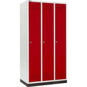 Schäfer Shop Genius Kleiderspind mit Sockel, 3 Abteile, 300 mm Abteilbreite, Zylinderschloss, rubinrot Schäfer Shop Genius Kleiderspind mit Sockel, 3 Abteile, 300 mm Abteilbreite, Zylinderschloss, rubinrot