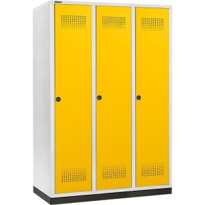 Schäfer Shop Genius Kleiderspind mit Sockel, 3 Abteile, 400 mm Abteilbreite, Sicherheitsdrehriegelverschluss, lichtgrau/rapsgelb Schäfer Shop Genius Kleiderspind mit Sockel, 3 Abteile, 400 mm Abteilbreite, Sicherheitsdrehriegelverschluss, lichtgrau/rapsgelb