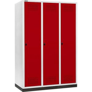Schäfer Shop Genius Kleiderspind mit Sockel, 3 Abteile, 400 mm Abteilbreite, Sicherheitsdrehriegelverschluss, lichtgrau/rubinrot Schäfer Shop Genius Kleiderspind mit Sockel, 3 Abteile, 400 mm Abteilbreite, Sicherheitsdrehriegelverschluss, lichtgrau/rubinrot