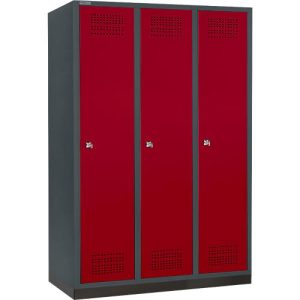 Schäfer Shop Genius Kleiderspind mit Sockel, 3 Abteile, 400 mm Abteilbreite, Zylinderschloss, anthrazit/rubinrot Schäfer Shop Genius Kleiderspind mit Sockel, 3 Abteile, 400 mm Abteilbreite, Zylinderschloss, anthrazit/rubinrot